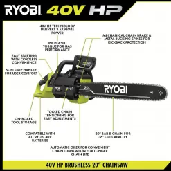 RYOBI RY405110 40V HP Brushless 20 in. Battery Chainsaw with 8.0 Ah Battery and Rapid Charger
