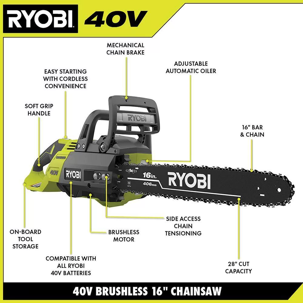 RYOBI RY40550-PS 40V HP Brushless 16 in. Battery Chainsaw and 10 in. Battery Pole Saw with 4.0 Ah Battery and Charger