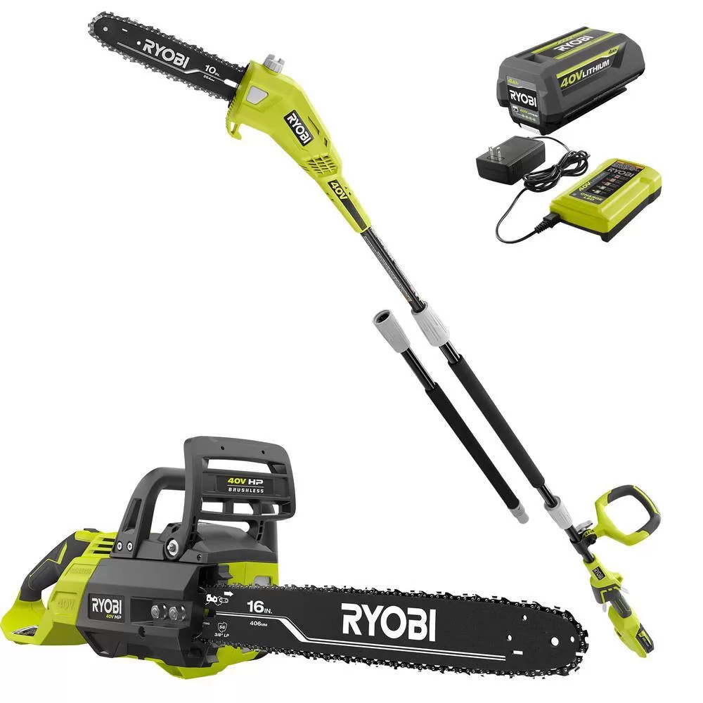 RYOBI RY40550-PS 40V HP Brushless 16 in. Battery Chainsaw and 10 in. Battery Pole Saw with 4.0 Ah Battery and Charger