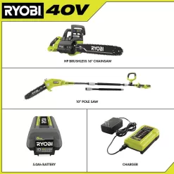 RYOBI RY40550-PS 40V HP Brushless 16 in. Battery Chainsaw and 10 in. Battery Pole Saw with 4.0 Ah Battery and Charger