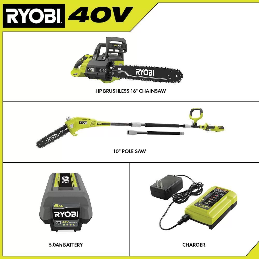 RYOBI RY40550-PS 40V HP Brushless 16 in. Battery Chainsaw and 10 in. Battery Pole Saw with 4.0 Ah Battery and Charger