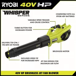 RYOBI 40V HP Brushless 18 in. Battery Chainsaw and 190 MPH 730CFM Battery Leaf Blower w/ (3) Batteries, (two) Chargers