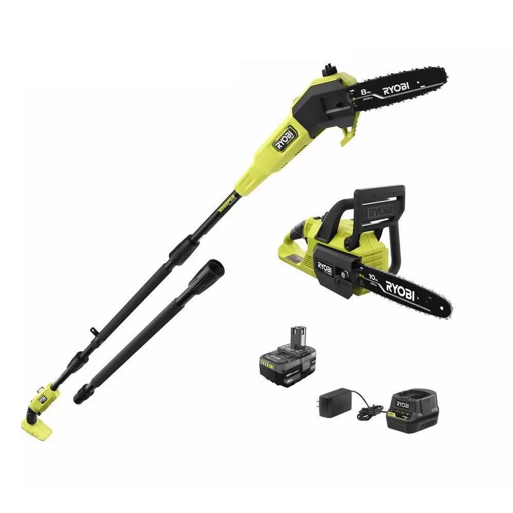 RYOBI P2520-PS ONE+ HP 18V Cordless 10 in. Chainsaw and Whisper Series 8 in. Pole Saw with 4.0 Ah Battery and Charger