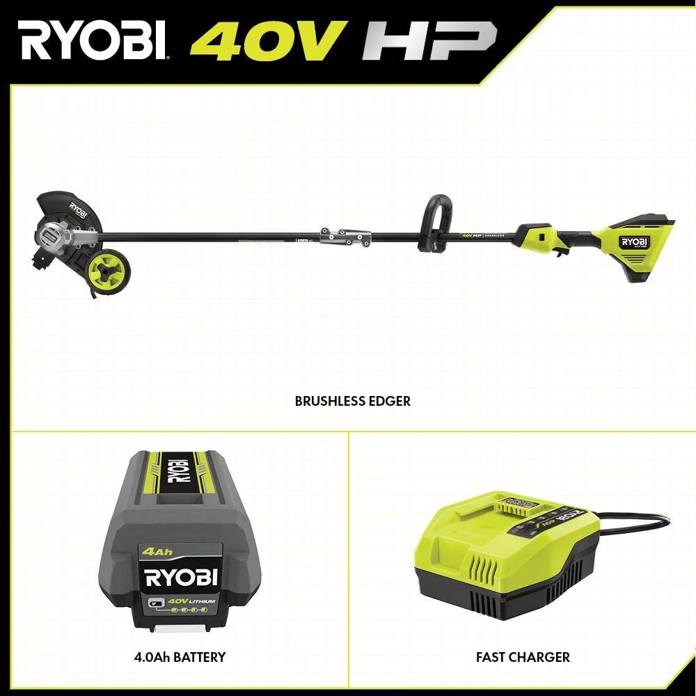 RYOBI RY40780 40V HP Brushless Stick Lawn Edger with 4.0 Ah Battery and Charger