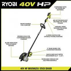 RYOBI RY40780 40V HP Brushless Stick Lawn Edger with 4.0 Ah Battery and Charger