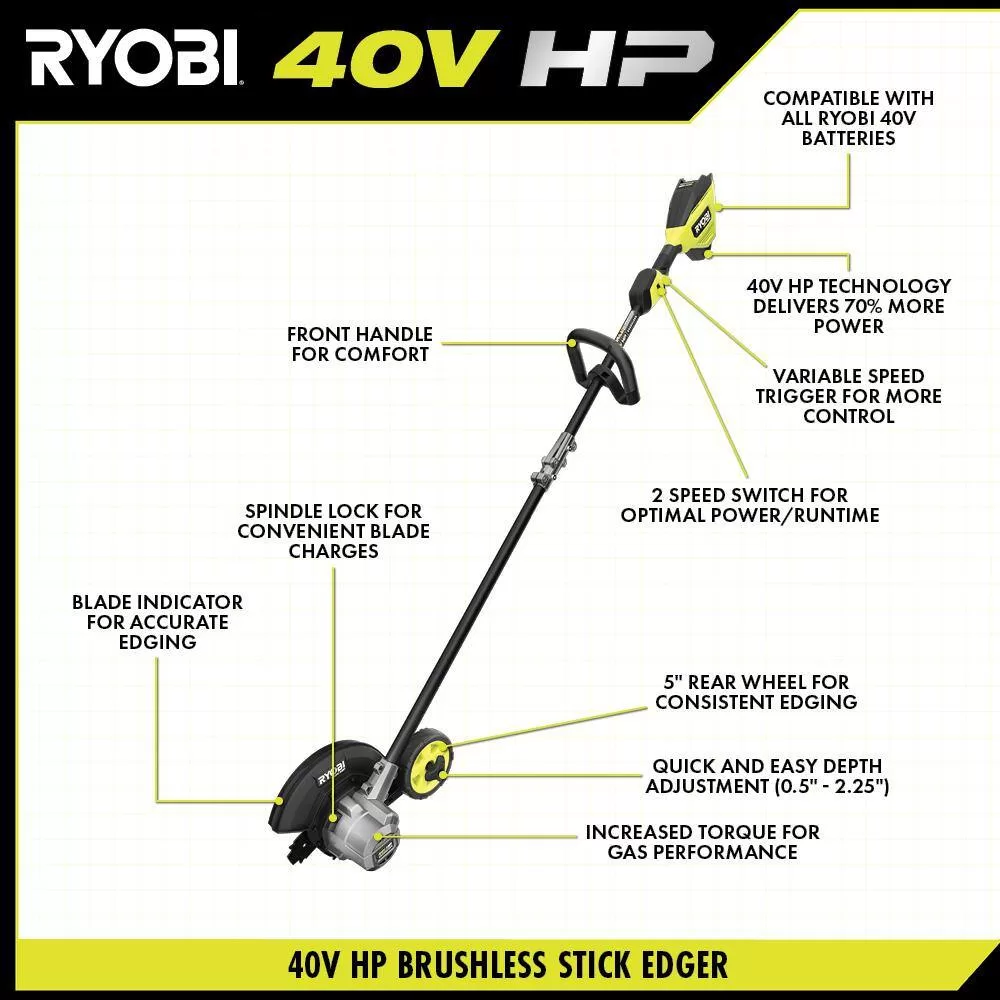 RYOBI RY40780 40V HP Brushless Stick Lawn Edger with 4.0 Ah Battery and Charger