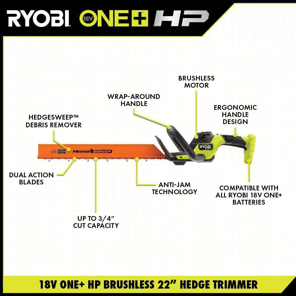 RYOBI P2680-PNR ONE+ HP 18V Brushless 22 in. Cordless Battery Hedge Trimmer & Brushless Cordless Pruner w/ 2.0 Ah Battery & Charger