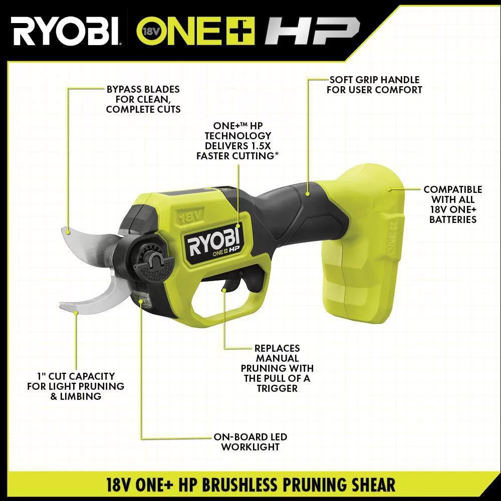 RYOBI P2680-PNR ONE+ HP 18V Brushless 22 in. Cordless Battery Hedge Trimmer & Brushless Cordless Pruner w/ 2.0 Ah Battery & Charger