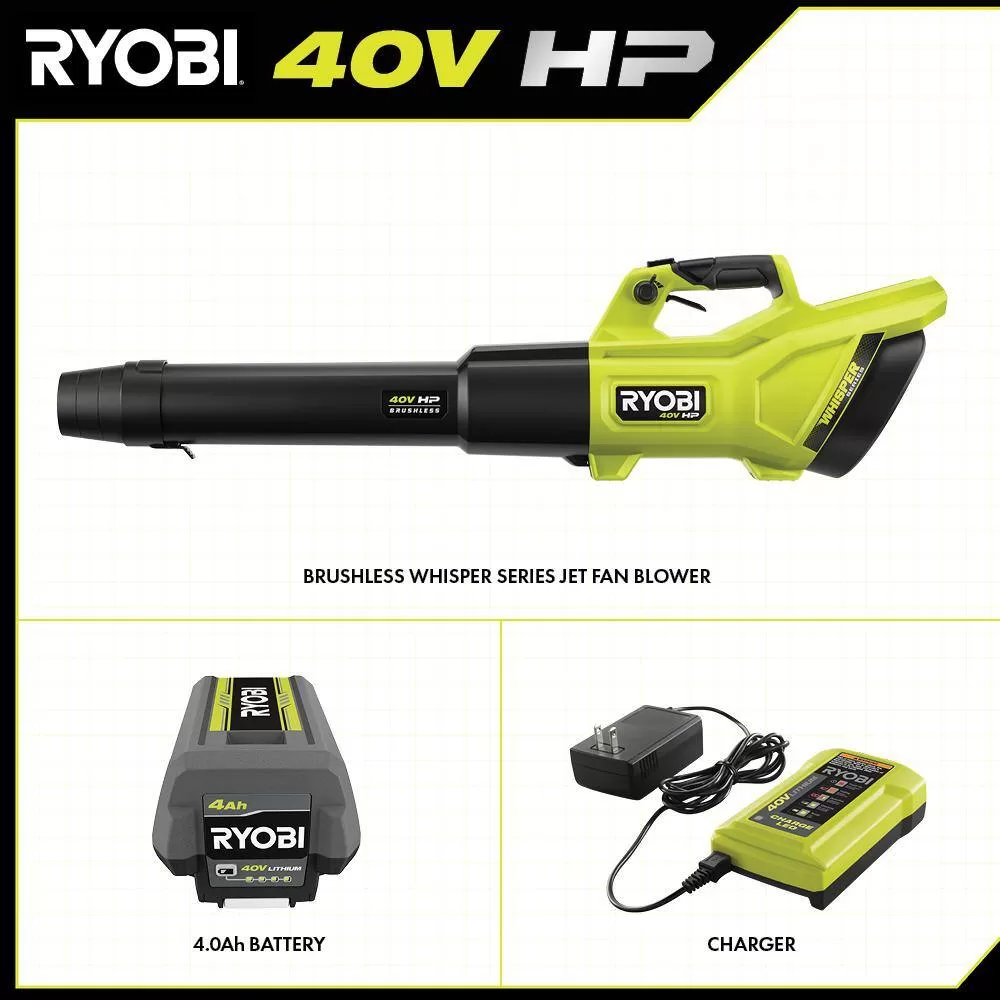 RYOBI 40V HP Brushless Whisper Series 155 MPH 600 CFM Cordless Battery Leaf Blower with (2) 4.0 Ah Batteries and Charger