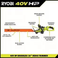 RYOBI RY404130-HDG2 40V HP Whisper Series 155 MPH 600 CFM Cordless Leaf Blower and 26 in. Hedge Trimmer with (2) Batteries and (2) Chargers