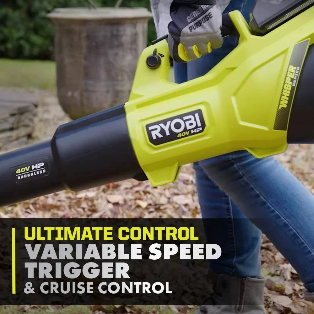 RYOBI 40V HP Brushless Whisper Series 155 MPH 600 CFM Cordless Blower & Leaf Vacuum/Mulcher with 4.0 Ah Battery and Charger