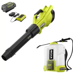 RYOBI RY404130-SPR 40V HP Whisper Series 155 MPH 600 CFM Cordless Leaf Blower and 4 Gal. Backpack Sprayer with 4.0 Ah Battery and Charger