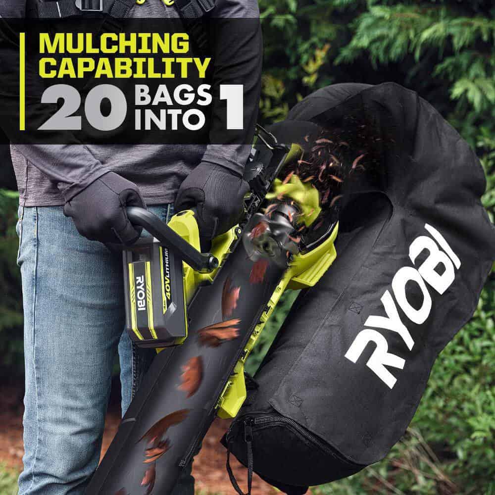 RYOBI RY404150-LB 40V HP Brushless 100 MPH 600 CFM Cordless Leaf Blower/Mulcher/Vacuum w/ Lawn & Leaf Bag, (2) 4.0 Ah Batteries & Charger