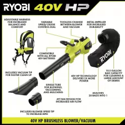 RYOBI RY404150-LB 40V HP Brushless 100 MPH 600 CFM Cordless Leaf Blower/Mulcher/Vacuum w/ Lawn & Leaf Bag, (2) 4.0 Ah Batteries & Charger