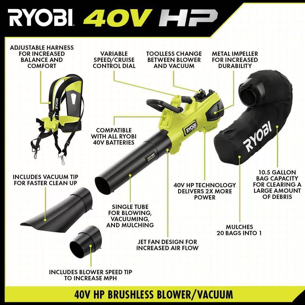 RYOBI RY404150-LB 40V HP Brushless 100 MPH 600 CFM Cordless Leaf Blower/Mulcher/Vacuum w/ Lawn & Leaf Bag, (2) 4.0 Ah Batteries & Charger