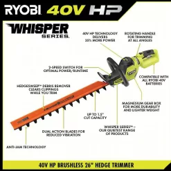RYOBI RY404170-HDG 40V HP Brushless Whisper Series 165 MPH 730 CFM Backpack Blower & Hedge Trimmer w/ (2) 6.0 Ah Batteries & Charger