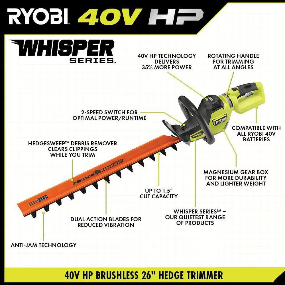 RYOBI RY404170-HDG 40V HP Brushless Whisper Series 165 MPH 730 CFM Backpack Blower & Hedge Trimmer w/ (2) 6.0 Ah Batteries & Charger