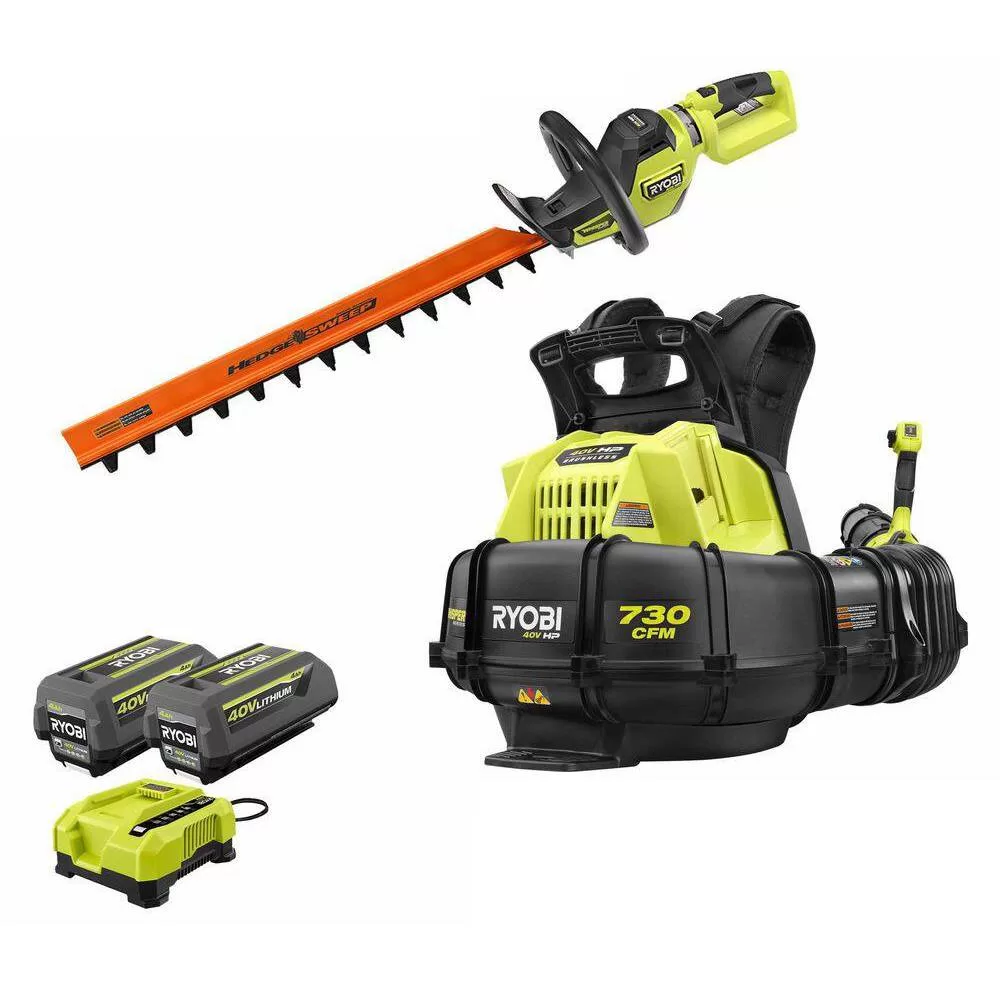 RYOBI RY404170-HDG 40V HP Brushless Whisper Series 165 MPH 730 CFM Backpack Blower & Hedge Trimmer w/ (2) 6.0 Ah Batteries & Charger