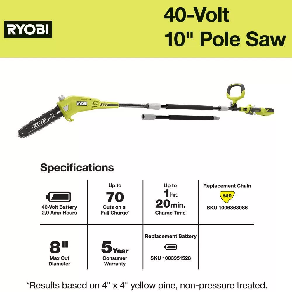 RYOBI 40V 10 in. Cordless Battery Pole Saw and 18 in. Cordless Battery Pole Hedge Trimmer with 2.0 Ah Battery and Charger