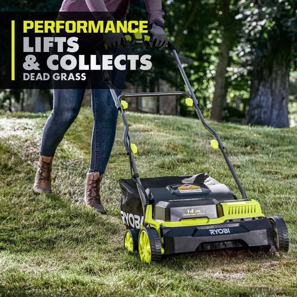 RYOBI P2740 ONE+ HP 18V Brushless 14 in. Cordless Battery Dethatcher/Aerator with (2) 4.0 Ah Batteries and Charger