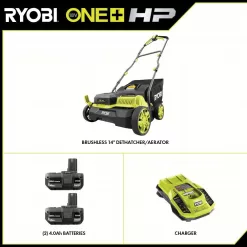 RYOBI P2740 ONE+ HP 18V Brushless 14 in. Cordless Battery Dethatcher/Aerator with (2) 4.0 Ah Batteries and Charger