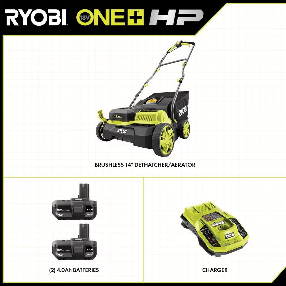 RYOBI P2740 ONE+ HP 18V Brushless 14 in. Cordless Battery Dethatcher/Aerator with (2) 4.0 Ah Batteries and Charger