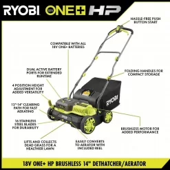 RYOBI P2740 ONE+ HP 18V Brushless 14 in. Cordless Battery Dethatcher/Aerator with (2) 4.0 Ah Batteries and Charger