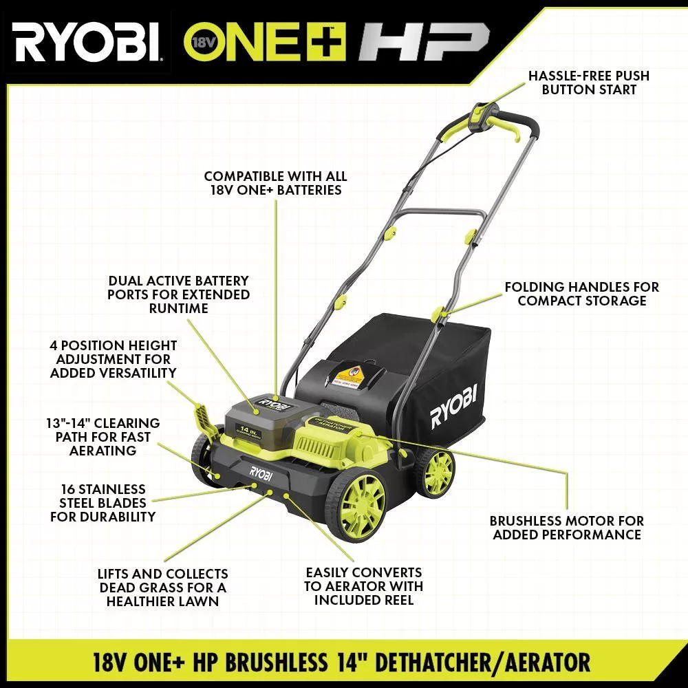RYOBI P2740 ONE+ HP 18V Brushless 14 in. Cordless Battery Dethatcher/Aerator with (2) 4.0 Ah Batteries and Charger