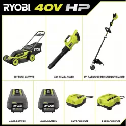 RYOBI 40V HP Brushless 20 in. Cordless Battery Walk Behind Push Mower, String Trimmer, & Blower - Batteries and Chargers