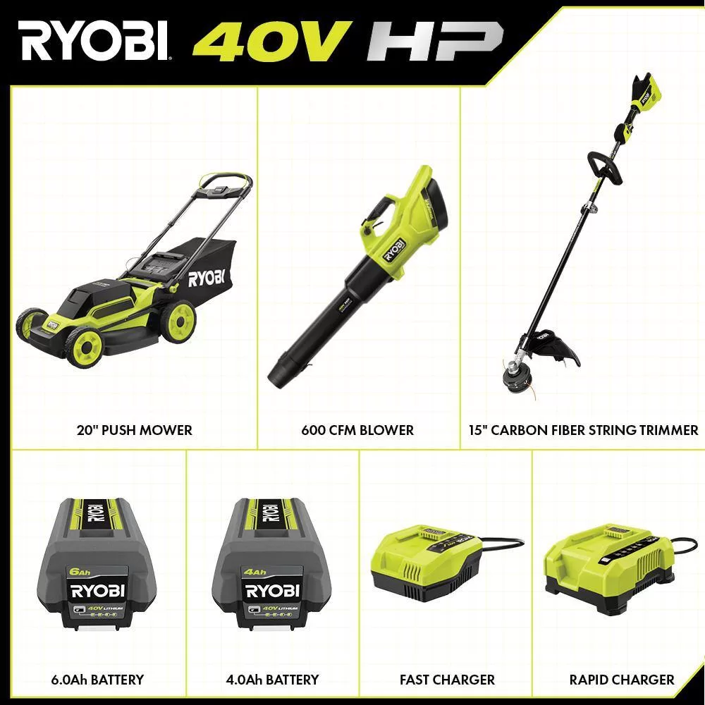 RYOBI 40V HP Brushless 20 in. Cordless Battery Walk Behind Push Mower, String Trimmer, & Blower - Batteries and Chargers