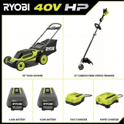 RYOBI 40V HP Brushless 20 in. Cordless Battery Walk Behind Push Mower & String Trimmer with (2) Batteries and Chargers