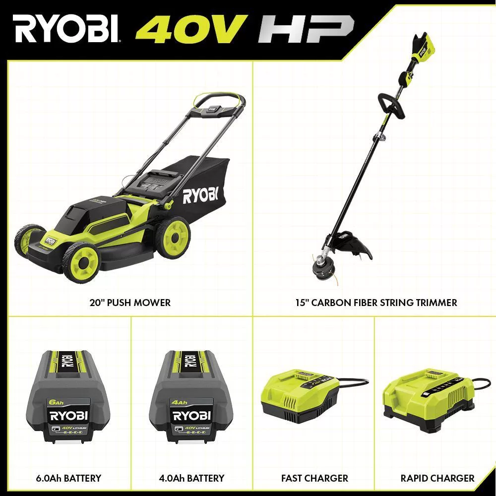 RYOBI 40V HP Brushless 20 in. Cordless Battery Walk Behind Push Mower & String Trimmer with (2) Batteries and Chargers
