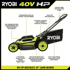 RYOBI 40V HP Brushless 20 in. Cordless Battery Walk Behind Push Mower & String Trimmer with (2) Batteries and Chargers