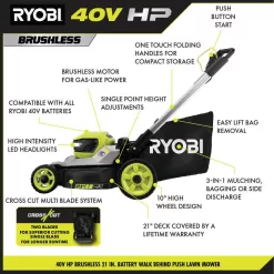 RYOBI 40V HP Brushless 21 in. Battery Walk Behind Multi-Blade Push Lawn Mower with 7.5 Ah Battery and Rapid Charger