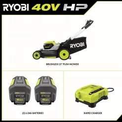 RYOBI 40-Volt HP Brushless 21 in. Whisper Series Cordless Walk-Behind Multi-Blade Push Mower - (2) 6.0 Ah Batteries & Charger