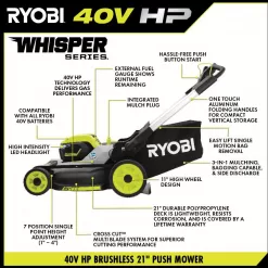 RYOBI 40-Volt HP Brushless 21 in. Whisper Series Cordless Walk-Behind Multi-Blade Push Mower - (2) 6.0 Ah Batteries & Charger