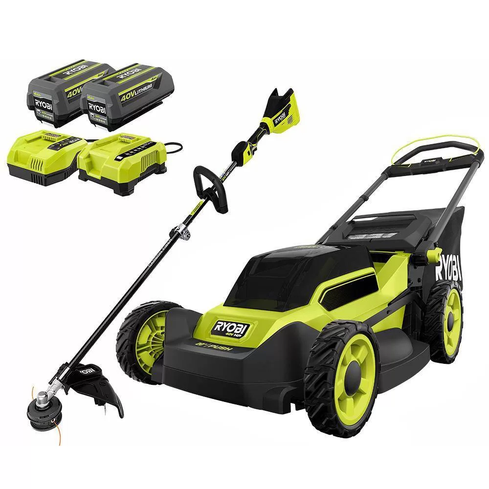 RYOBI 40V HP Brushless 20 in. Cordless Battery Walk Behind Push Mower & String Trimmer with (2) Batteries and Chargers