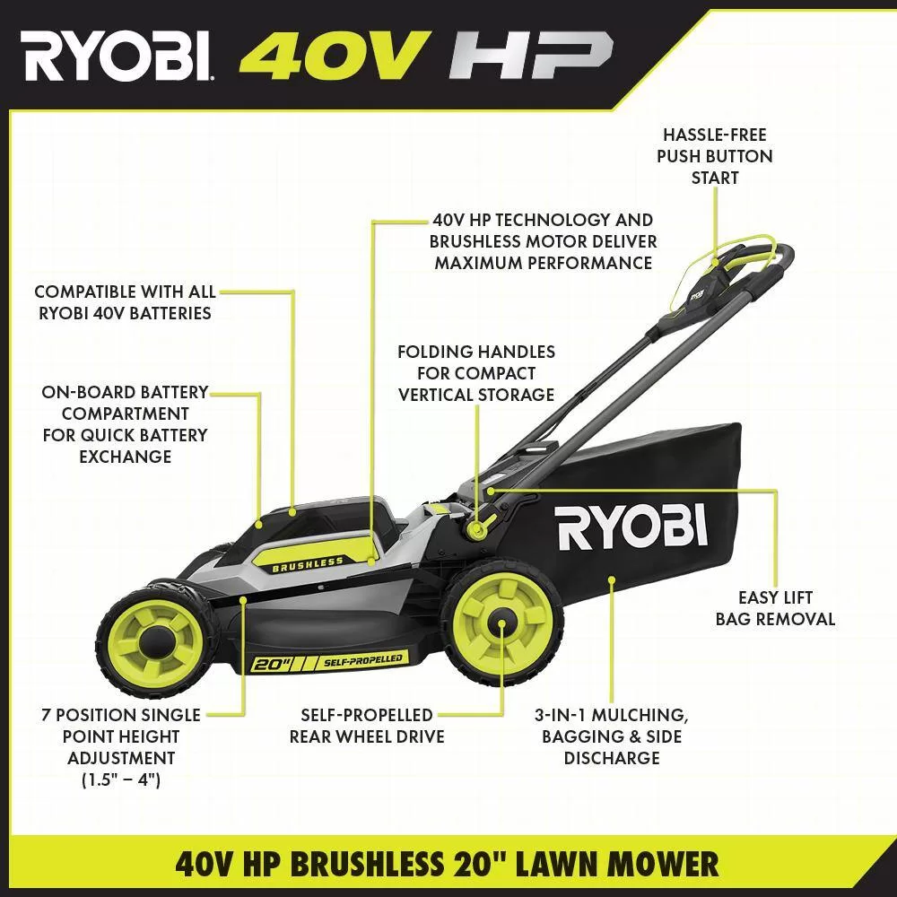 RYOBI 40V HP Brushless 20 in. Cordless Electric Battery Walk Behind Self-Propelled Mower (Tool Only)