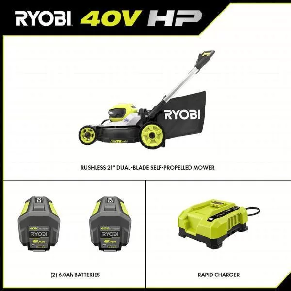 RYOBI 40V HP Brushless 21 in. Cordless Battery Walk Behind Multi-Blade Self-Propelled Mower - (2) 6.0 Ah Batteries & Charger