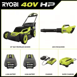 RYOBI RY401180-2X 40V HP Brushless 20 in. Cordless Electric Battery Walk Behind Self-Propelled Mower w/Blower (2) Batteries/Chargers