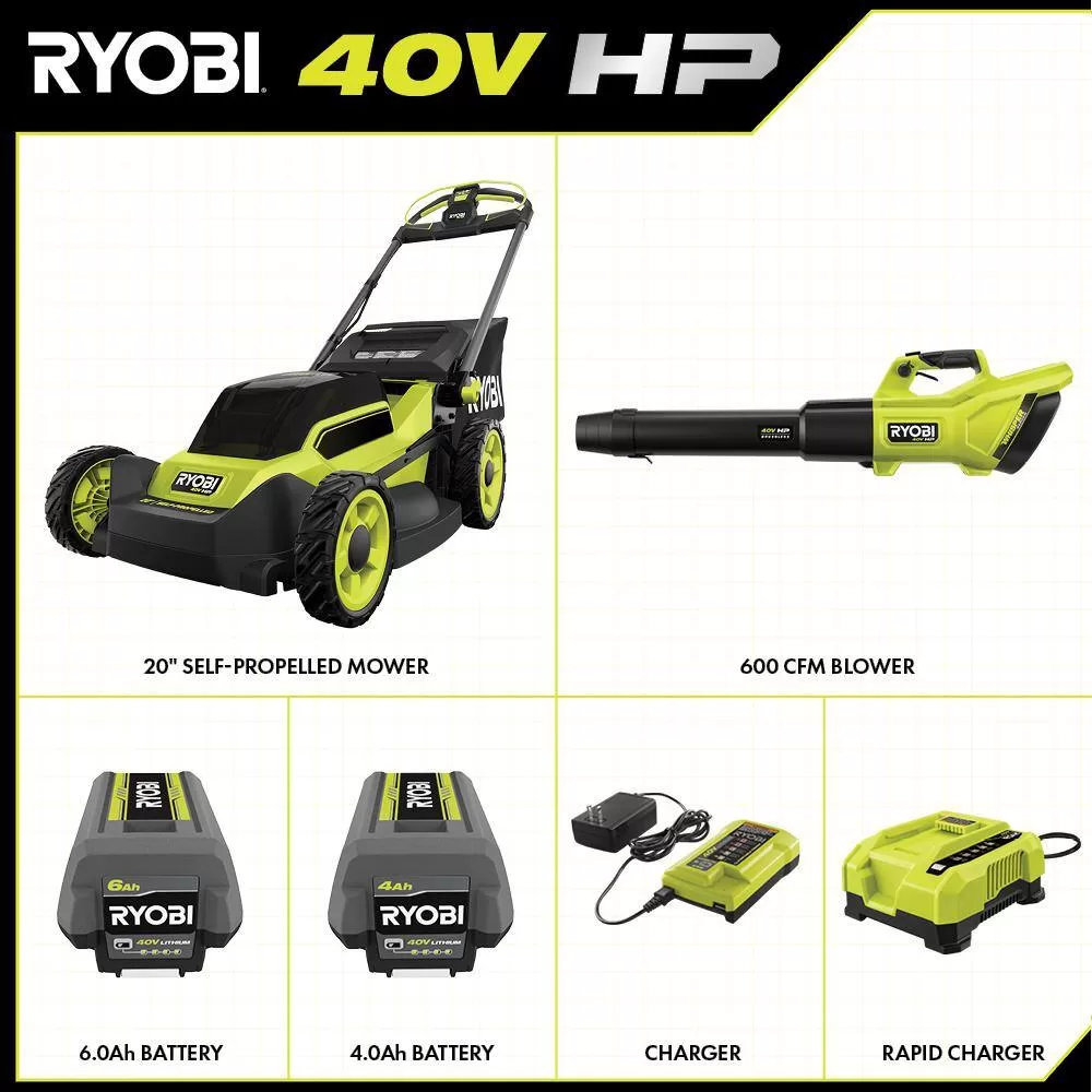 RYOBI RY401180-2X 40V HP Brushless 20 in. Cordless Electric Battery Walk Behind Self-Propelled Mower w/Blower (2) Batteries/Chargers