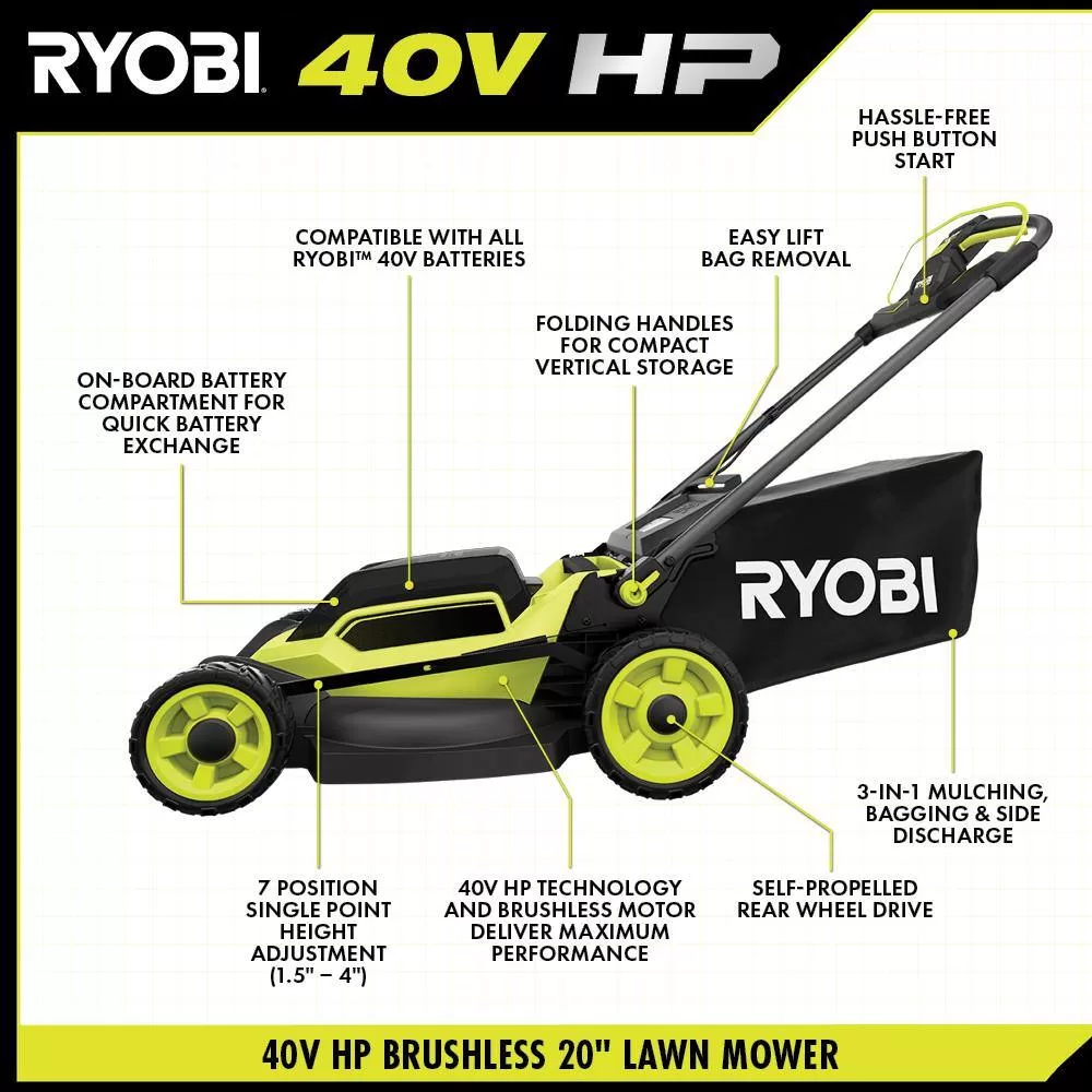 RYOBI RY401180-2X 40V HP Brushless 20 in. Cordless Electric Battery Walk Behind Self-Propelled Mower w/Blower (2) Batteries/Chargers