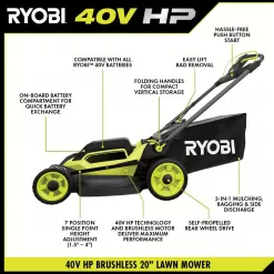 RYOBI 40V HP Brushless 20 in. Cordless Electric Battery Self-Propelled Lawn Mower/String Trimmer w/(2) Batteries and Chargers