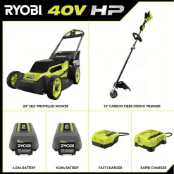 RYOBI 40V HP Brushless 20 in. Cordless Electric Battery Self-Propelled Lawn Mower/String Trimmer w/(2) Batteries and Chargers