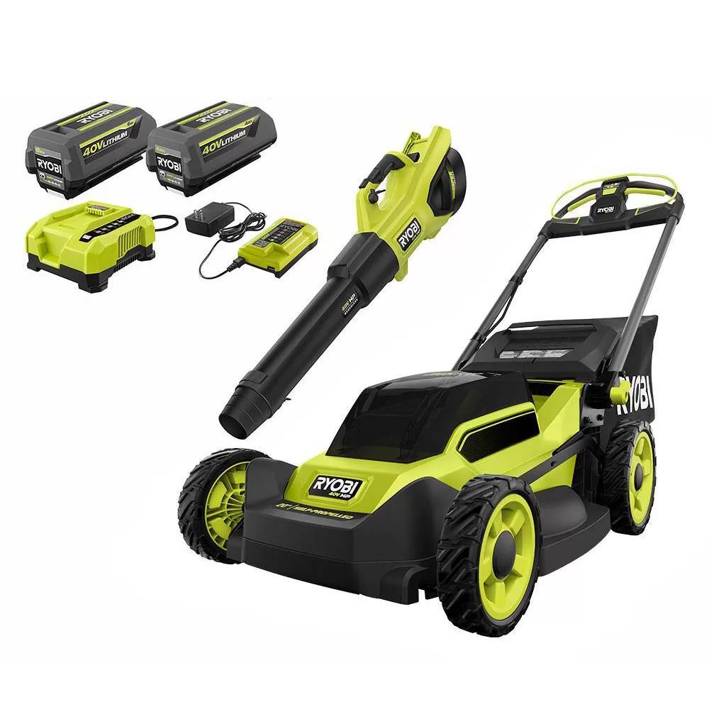 RYOBI RY401180-2X 40V HP Brushless 20 in. Cordless Electric Battery Walk Behind Self-Propelled Mower w/Blower (2) Batteries/Chargers