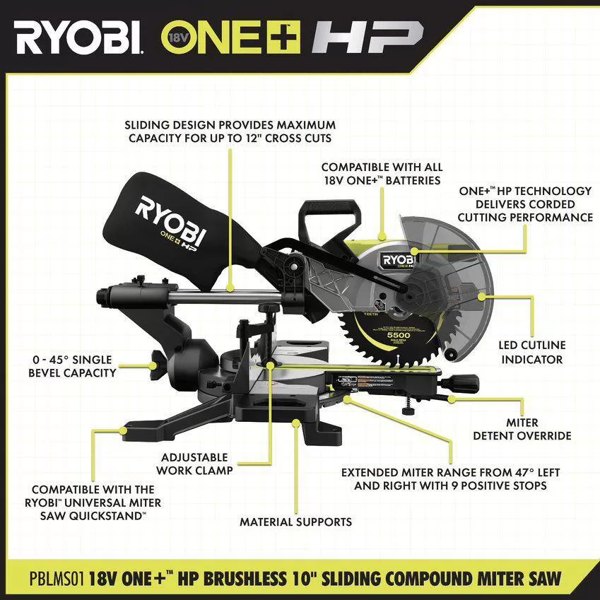 RYOBI ONE+ HP 18V Brushless Cordless 10 in. Sliding Compound Miter Saw Kit with 4.0 Ah Battery, Charger, and Miter Saw Stand