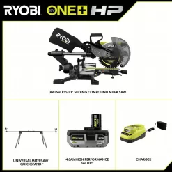 RYOBI ONE+ HP 18V Brushless Cordless 10 in. Sliding Compound Miter Saw Kit with 4.0 Ah Battery, Charger, and Miter Saw Stand