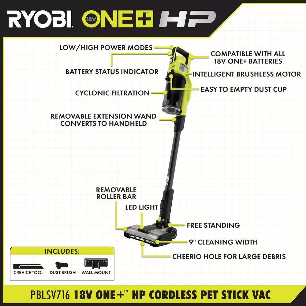 RYOBI PBLSV716K-PCL700B ONE+ HP 18V Brushless Cordless Pet Stick Vacuum Cleaner