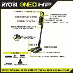 RYOBI PBLSV717K-PCL700B ONE+ HP 18V Brushless Cordless Pet Stick Vacuum Kit