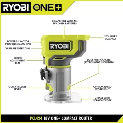 RYOBI ONE+ 18V Compact Router Kit with 2.0 Ah Battery, Charger, and 6.0 Ah HIGH PERFORMANCE Battery (2-Pack)